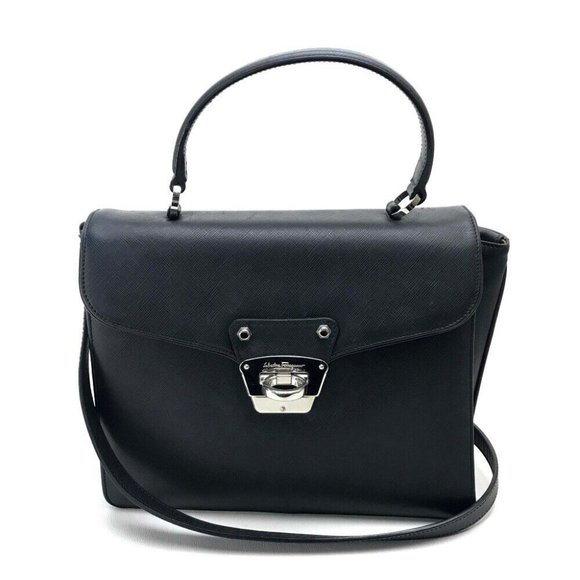 SALVATORE FERRAGAMO Gancini Shoulder Hand Bag 2way bag Black Leather - Picture 15 of 16